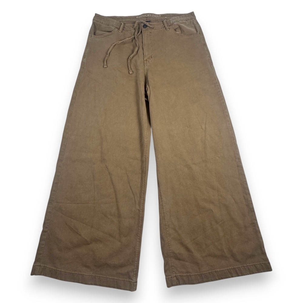 American Eagle Wide Leg Pants Drawstring Stretch Boho Utility Tan 12 Short Women